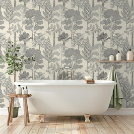 Safiyya Peel and Stick Wallpaper Off-White Forest Contact Paper 17.3" x 196" Vintage Tree Wall Paper Renter Friendly Self Adhesive Removable Wallpaper for Bathroom Vinyl
