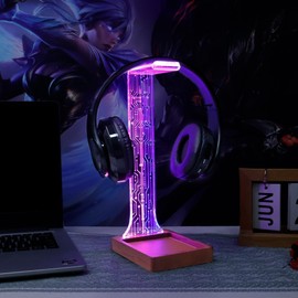 YuanDian Headphone Stand, Wood Headset Holder with Tray, Blue Pink LED Night Light for Gamers, Men, and Music Lovers - Ideal Desk Gift Idea