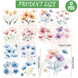 BEUNITONE 12 Sheets Vintage Flower Rub on Transfer for Window Watercolor Floral Transfer Sticker Decals Colorful DIY Craft for Scrapbook Wood Furniture Glass Home Wall Decor 5.5 x 5.5 Inch