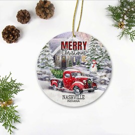 Red Truck Ornaments for Christmas Tree 2024 - Merry Christmas Decorations Home with Name City Nashville Indiana Ornament - Our First Christmas Nashville in Ornament 3" New Home
