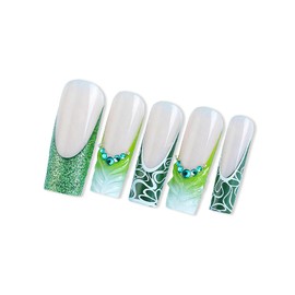 MERVF Long Square Press on Nails Green French Tip Fake Nails Glitter Squoval Glue on False Nails with 3D Rhinestones Design Acrylic Nails Press ons Glossy 24pcs