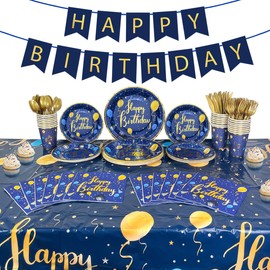 Navy Blue Happy Birthday Party Decorations with Gold Stamped Tableware Set includes; Starry Theme Tablecloth, 9" Plates, 7" Plates, Cups, Napkins, Gold Utensils and Happy Birthday Banner - 24 Guest