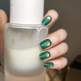 Cat Eye Press on Nails Handmade Short Oval/Square/Round False Nails with French Tip/Aurora/Magnetic Shimmer Designs (Jelly#Square Emerald, Large)