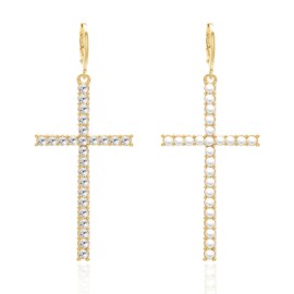 Fashion Rhinestone Pearl Cross Huggie Earrings,Gold Silver Zircon Crystal Geometric Cross Dangle Earrings Jewelry for Women Gifts (Gold Pearl Rhinestone)