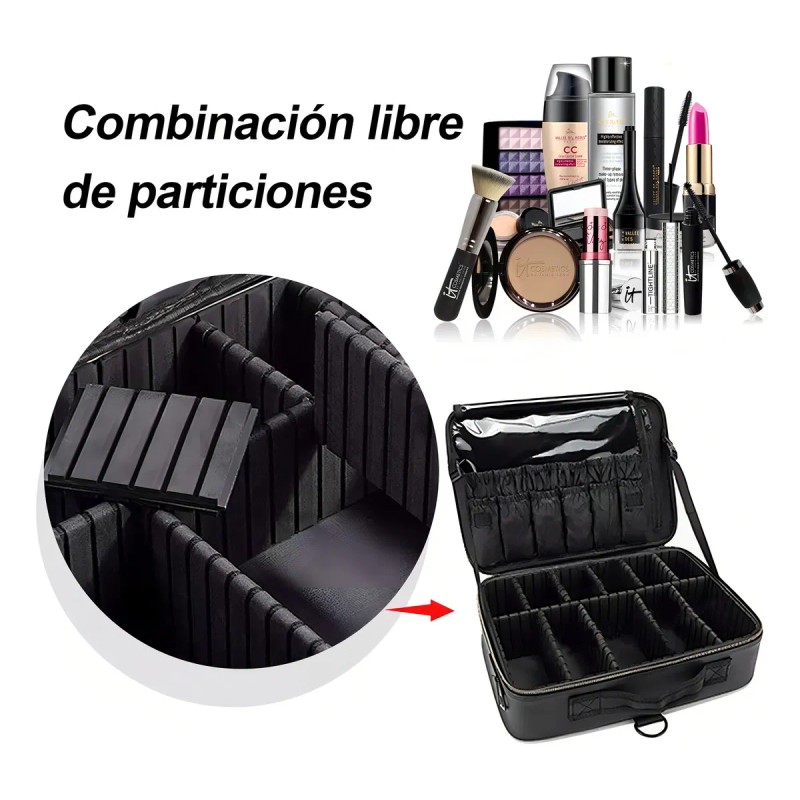 Maletín Maquillaje Cosmetiquera Con Divisor Ajustable Viaje Color Negro