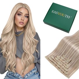 Easyouth Real Hair Clip in Extensions Blonde Highlight Remy Hair Extensions Clip in Real Hair Ash Blonde Highlight Bleach Blonde Clip in Hair Extensions Human Hair 22 Inch 120g 7Pcs