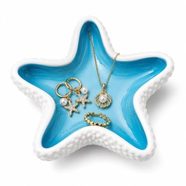 Starfish Jewelry Dish Ceramic Trinket Tray Ocean Themed Ring Holder for Earrings, Necklaces, Beach Bathroom Organizer with Glossy Glaze, Coastal Room Decor Gifts