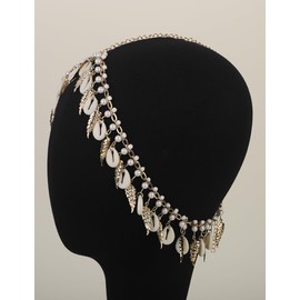 Teyglen Bohemian Gold Leaf Head Chain Summer Shell Pendant Headpiece for Beach Festival Party Vintage Pearl Head Jewelry Costume Headband for Women