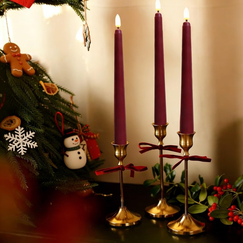 Burgundy Flameless Taper Candles with Remote, LED Candlesticks Set of