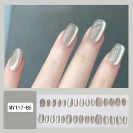 30 PCS Press on Nails - Short Coffin Fake Nails with White Crystal Acrylic Gloss, Glitter Designs, Clear White Summer Stick on Nails for Women & Girls