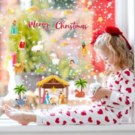 Whaline 2 Sheet Christmas Thick Gel Clings Cartoon Xmas Nativity Scene Window Gel Decals for Home Classroom Nursery Party Decor