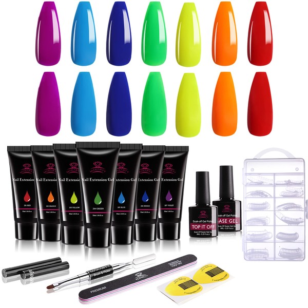 Makartt Poly Nail Gel Rainbow Set 30 ml 7 Colours Red Blue Green Yellow Nail Extension Gel with Base Gel Top Coat Tips Builder Gel Kit for Starter