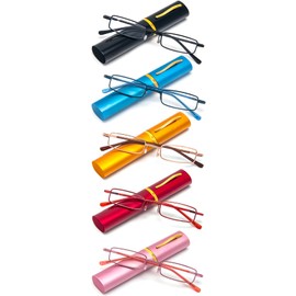 REAVEE 5 Pack Slim Portable Reading Glasses for Men Women, Computer Blue Light Blocking Small Readers Metal Frame Spring Hinge with Pocket Compact Pen Case, Black Red Pink Blue Gold 2.5