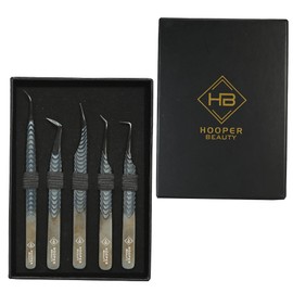 Hooper 5 Pcs Lash Extension Tweezers Set, Precision Tweezers for 2D-6D Volume & Individual Lashes, Includes 45°/65°/90° Isolation & Curved/Flat Tips
