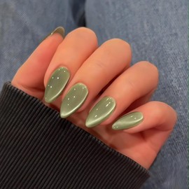 KQueenest Cat Eye Sage Green Press on Nails Almond Shape, 30 Pcs Glitter Fake Nails Medium, Thick Sparkle Nails Press on, Shiny Acrylic Nails, Cute Bling Stick on Nails for Women Salon Manicure Gift