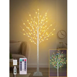 5FT Lighted Birch Tree with 90 LEDs Warm White and Multicolor Lights, 8 Functions Remote Faux Light Up Twig Christmas Tree with Lights for Indoor Outdoor Xmas Holiday Party Decoration