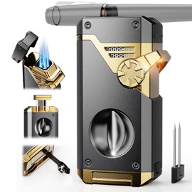 Torch Lighter 4 Jet Flame Lighter with Cutter, Punch, Holder, Draw Enhancer Tool, Multi-Functional Accessories Gifts Box for Men, Adjustable Refillable Butane Lighters for Candles, Outdoor Travel