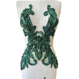 Pure Handmade Rhinestones lace Applique Accessories handsewing Beads Stones Trim Patches for Girl Wedding Dress (Deepgreen)