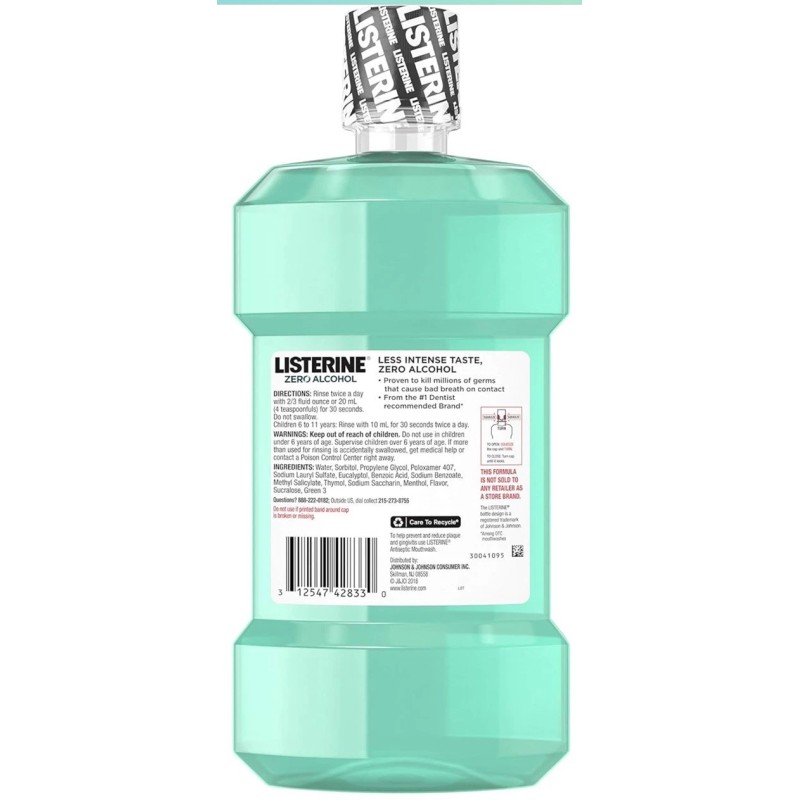 Listerine Zero Alcohol Cool Mint Mouthwash, Alcohol-Free, 1 L