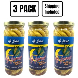 Ely Farms | Pickled Baby Corn | Sweet and Spicy | Zesty Pickle Flavor | Made in Nebraska USA | Appetizer Platter | 16 oz Jar | 3-Pack