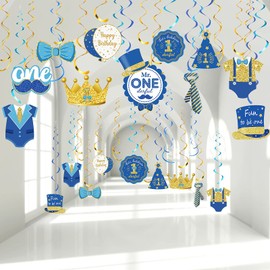30 Pieces Mr Onederful Boys 1st Birthday Decorations, Blue and Gold Baby 1st Birthday Party Hanging Foil Swirls Ceiling Mustache Toppers Sign Decor for Baby Boy First Birthday Supplies