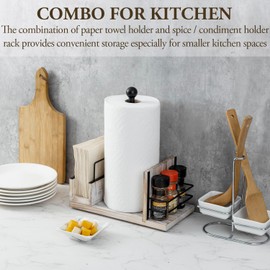 MyGift 3-in-one Paper Towel Holder Kitchen Caddy, Shabby Chic Whitewashed Solid Wood and Industrial Matte Black Metal Dining Combo Rack with Paper Towel Dispenser, Napkin Holder, and Spice Rack