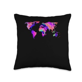 World Map Traveler Gifts Globe Cartography Travelling Colorful World Map Throw Pillow, 16x16, Multicolor