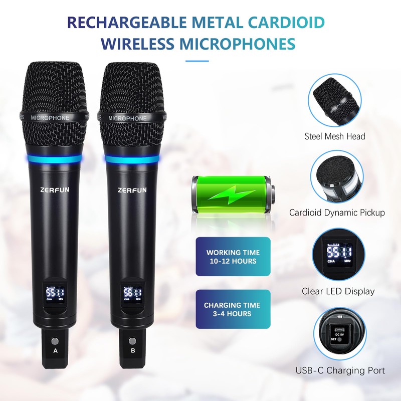 ZERFUN 2 Channel Rechargeable Wireless Microphone System, Pro UHF Metal