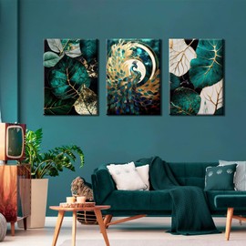 VVL 3pcs Emerald Green And Gold Wall Art Modern Abstract Gorgeous Peacock Canvas Paintings Prints Wall Decor for Living Room Bedroom Office Home Decoration