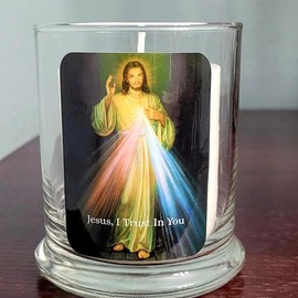 Divine Mercy Candle Holder, Jesus I Trust in You, Vigil Candle, Catholic Candle, Catholic Prayer Candle, Catholic Home Altar Decor, Saint Faustina (Divine Mercy Square Holder Vanilla Candle)