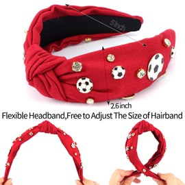 Hapdoo Red Soccer Rhinestone Jeweled Knotted Headbandn Wide Game Day Sports Hair Accessories Gift for Football Fans