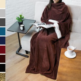 PAVILIA Deluxe Fleece Blanket with Sleeves for Adult, Men, and Women| Elegant, Cozy, Warm, Extra Soft, Plush, Functional, Lightweight Wearable Throw (Brown)