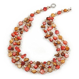 Avalaya 3 Strand Brick Red/Mustard Brown Shell Nugget and Nude Crystal Bead Necklace with Silver Tone Spring Ring Closure - 66cm L