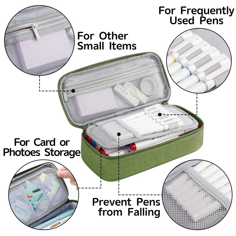 WEMATE Pencil Case, 5 Compartments, Large Capacity, Green