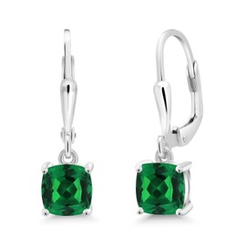 Gem Stone King 925 Sterling Silver Green Nano Emerald Dangle Earrings For Women (2.00 Cttw, Gemstone May Birthstone, Cushion 6MM)