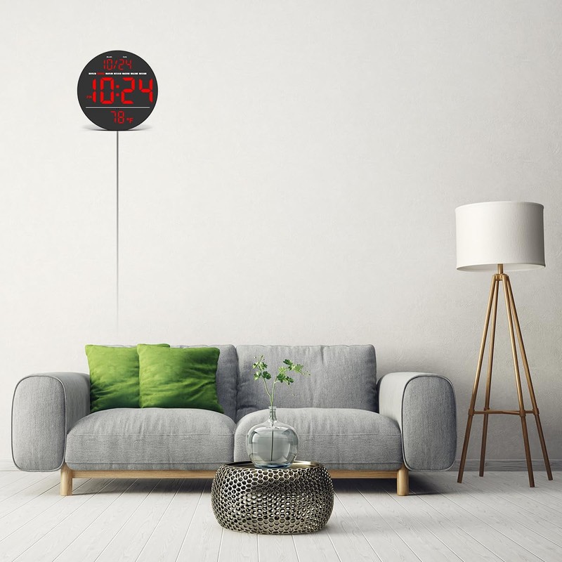 Digital Wall Clock with Large LED Display, Auto-Brightness, Temperature, Low-Reflectivity,