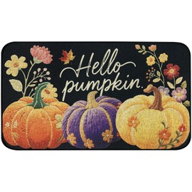 SHIYUE Fall Pumpkin Funny Decorative Doormat, Thanksgiving Seasonal Fall Low-Profile Switch Rug Door Mat Floor Mat for Indoor Outdoor 17x29 Inch Black