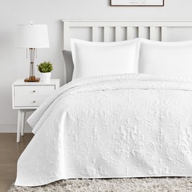 Hansleep White Quilt King Size - Damask Ultrasonic All Season Bedspread King, Soft Lightweight Coverlet Bedding Set, 3 Piece (1 Quilt, 2 Pillow Shams)