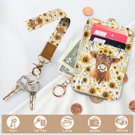 Bolimoss Highland Cow Print Lanyard Cute Sunflower ID Badge Holder Neck Wrist PU Leather Zipper Case with Tear Off Keychain