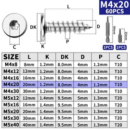 Mbsomnus M4 x 20 mm Wood Screws Stainless Steel 60 Pieces Self Tapping Torx Screws 304 Stainless Steel Screws Wood Flat Head Screws Torx Tapping Screws for Cabinets Wooden Floors Storage Shelves