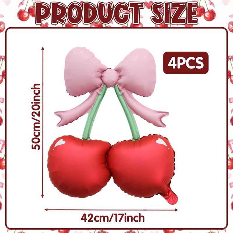 4 palloncini rosa con fiocco e ciliegie rosse, decorazioni per