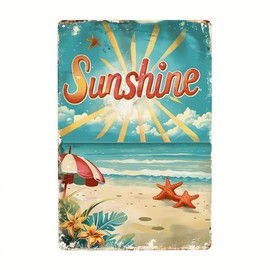 LQNMPPH Nostalgic Seaside With Scalloped Edges Sunshine Sign Metal Tin Signs, Summer Seaside Poster For Home Office Wall Decor Plaque Sign 12x8 Inch