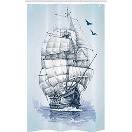 ABAKUHAUS Vintage Boat Stall Shower Curtain, Old Ship at Sea, Fabric Bathroom Decor Set with Hooks, 47" x 70", Baby Blue and Dark Blue