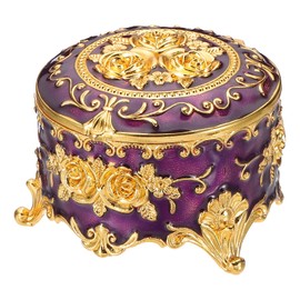 PATIKIL Vintage Metal Jewelry Box, Round Trinket Organizer Box Jewelry Storage Box for Ring Earrings Necklace, Dressing Table, Wedding Birthday Gift Home Decor, Women Girls, Purple