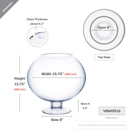 WGV Bowl Glass Vase, Diameter 16", Height 16", (Multiple Sizes Choices) Clear Bubble Floral with Stem, Planter Terrarium for Wedding Event Home Decor, 1 Piece (VBW0916)