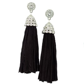 Suede Crystal Tassel Earrings (Black)