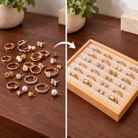 Bamboo Wood Velvet Ring & Stud Earring Display Tray – Jewelry Counter Organizer
