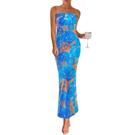 PRETTYGARDEN Womens Summer Printed Tube Maxi Dress Strapless Bodycon Sleeveless Night Out Long Dresses (Floral Light Blue,Small)