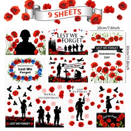WIURGOHA Lest We Forget Window Stickers for Remembrance Day, 9 Sheets Poppy Window Cling 80th Anniversary VJ Day Decorations for 11th November Indoor Windows Decorations Decals