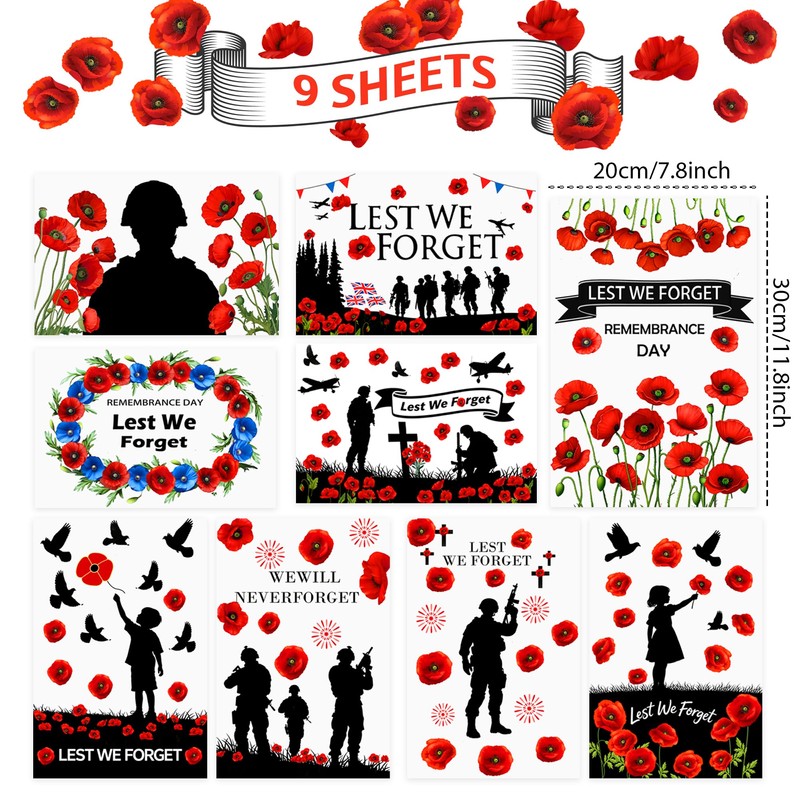 WIURGOHA Lest We Forget Window Stickers for Remembrance Day, 9